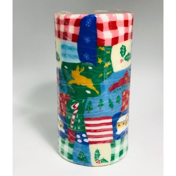 San Francisco Candle Co Holiday Patchwork Pillar Candle Vintage 6" Sealed Unlit - Picture 3 of 6